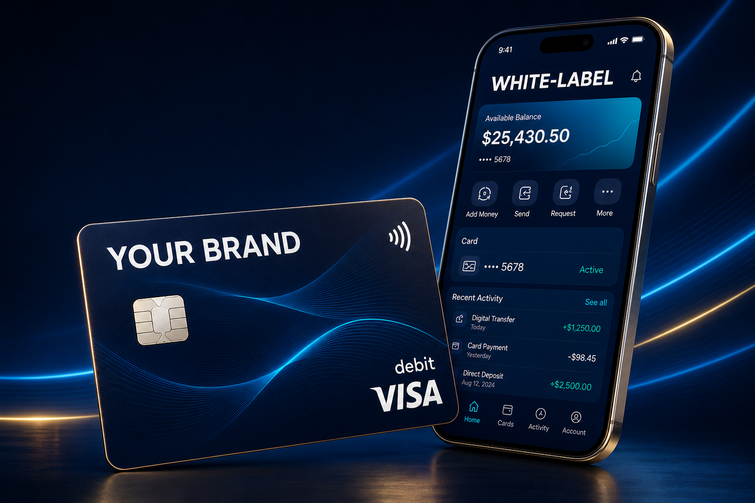YOUR BRAND Visa debit card beside a WHITE-LABEL mobile wallet